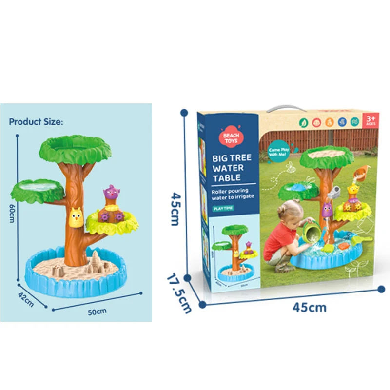 Infografic cu dimensiunile produsului și ambalajului pentru Woopie Big Tree Water Table.