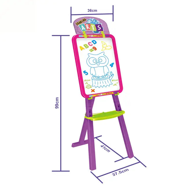 Dimensiuni pentru tabla de desen Woopie 3 în 1, cu înălțime aproximativă 99 cm și poliță pentru accesorii.