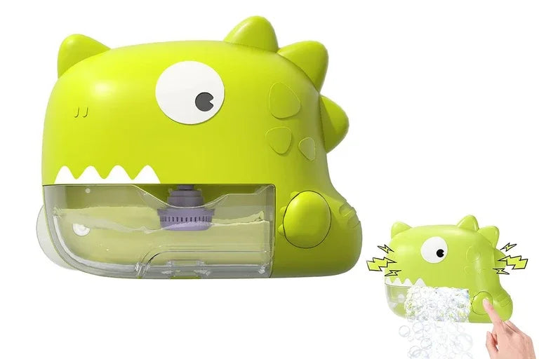 Dinozaur Lean Toys cu rezervor transparent și buton lateral pentru generarea spumei la baie.