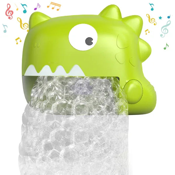 Dinozaur verde Lean Toys care produce spumă, cu note muzicale ilustrate pentru joacă veselă la baie.