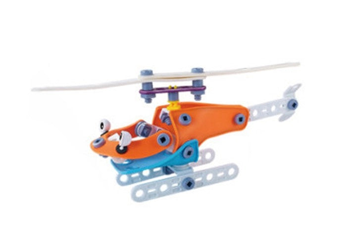 Model elicopter Woopie Build & Play asamblat din piese colorate, cu elice și schiuri.