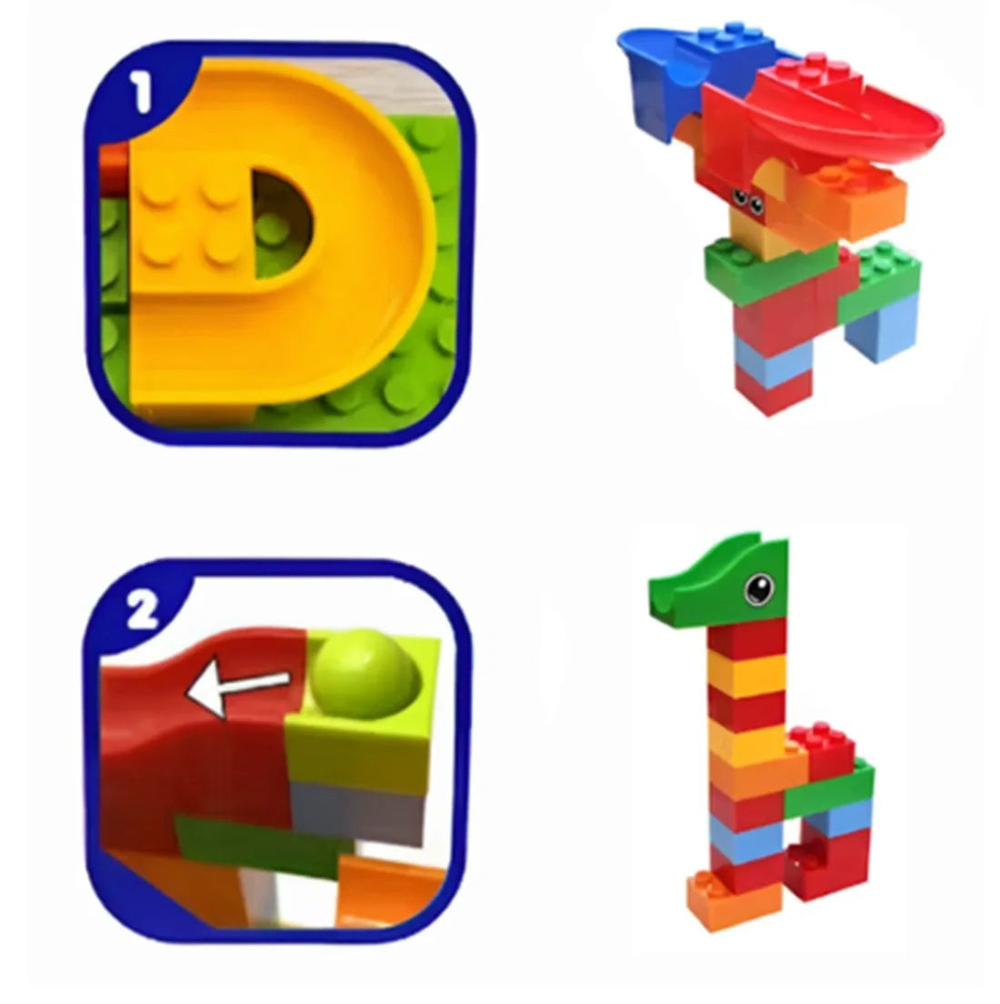 Exemple de construcții Woopie Marble Run, cu trasee pentru bile și mici forme de animale din blocuri.