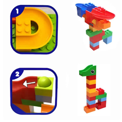 Exemple de construcții Woopie Marble Run, cu trasee pentru bile și mici forme de animale din blocuri.