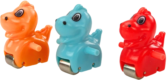 Trei figurine dinozaur colorate pentru pista Lean Toys, cu roți metalice pentru alunecare pe traseu.