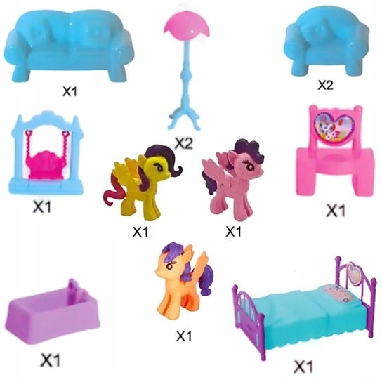 Figurine ponei colorate și cățel incluse în setul WOOPIE Pony Fantasy Villa.