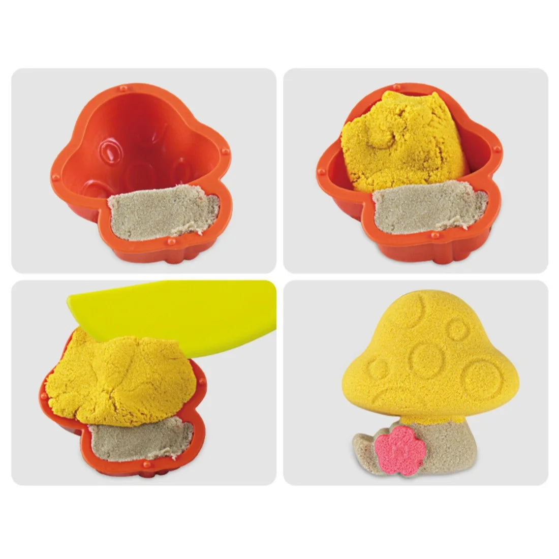 Etape de modelare cu forma de ciupercă și nisip kinetic Woopie, pentru figurine colorate.