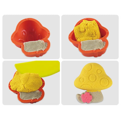 Etape de modelare cu forma de ciupercă și nisip kinetic Woopie, pentru figurine colorate.