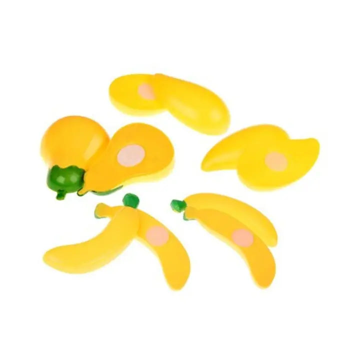 Piese galbene Lean Toys cu banană și alte fructe de tăiat, cu prindere tip scai.