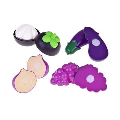 Piese mov Lean Toys cu struguri, ceapă și vânătă, pregătite pentru joc de tăiere.