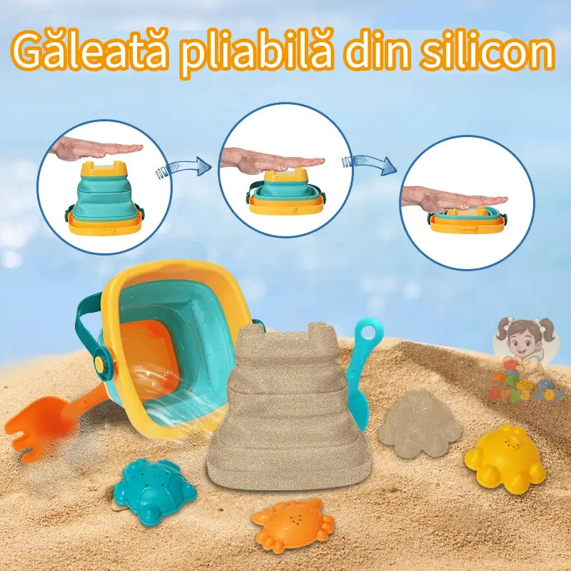 Infografic cu găletușa pliabilă Woopie Baby din silicon, pliată și folosită pentru forme în nisip.