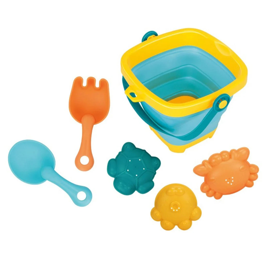 Găletușă pliabilă Woopie Baby cu lopățică albastră, greblă portocalie și forme de crab, broscuță țestoasă și caracatiță.