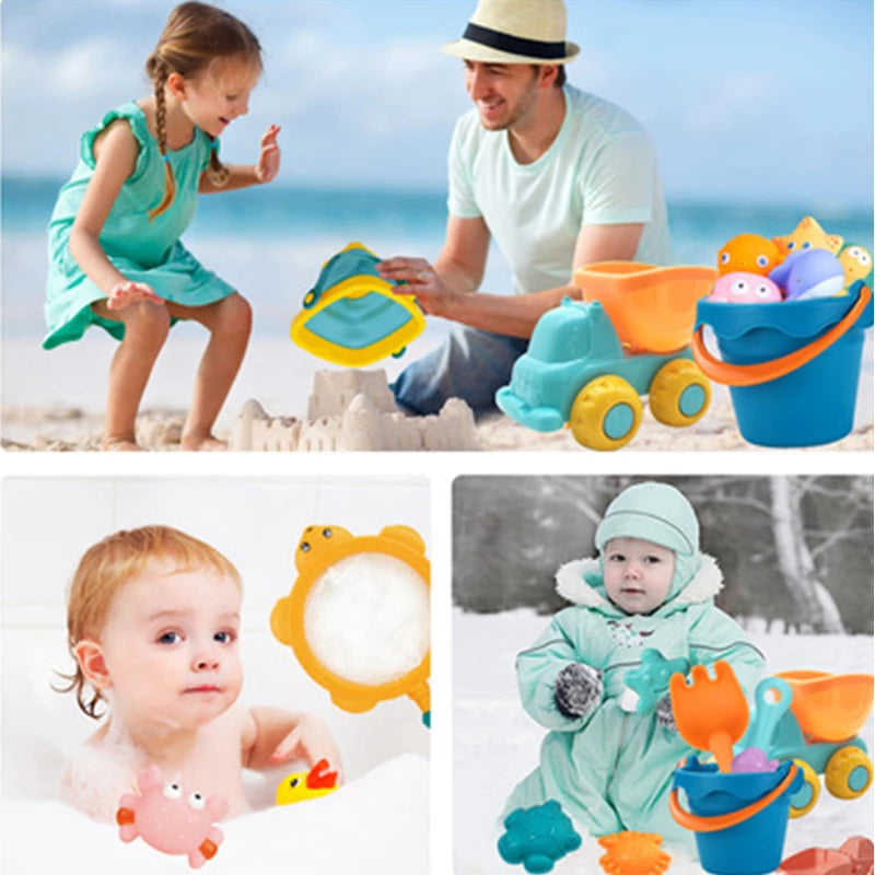 Colaj cu găletușa pliabilă Woopie Baby folosită la plajă, în baie și la joaca în zăpadă.