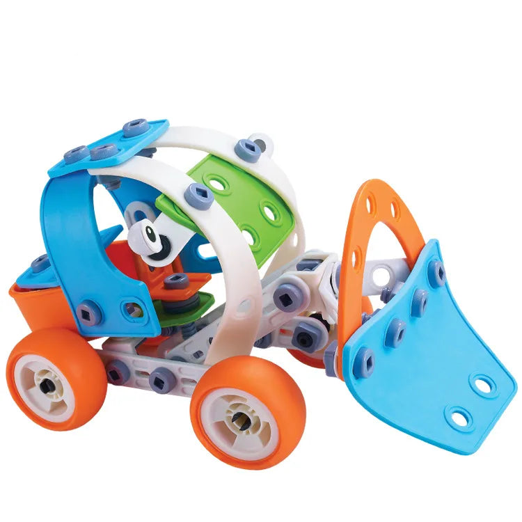 Model încărcător sau buldozer Woopie Build & Play, cu cupă albastră mobilă și roți portocalii.