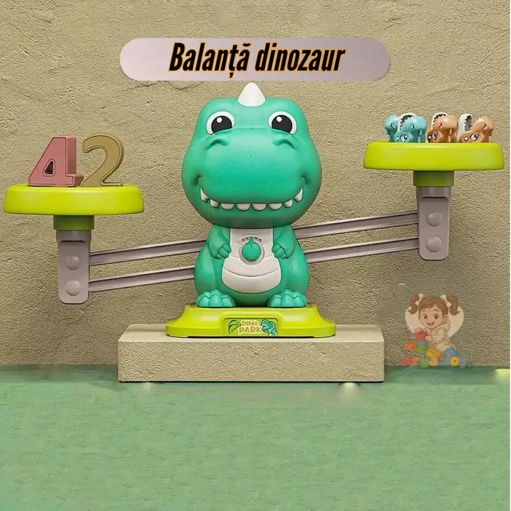 Infografic Balanță Dinozaur Woopie cu exemplu de echilibru între numere și figurine.