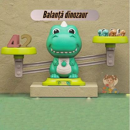 Infografic Balanță Dinozaur Woopie cu exemplu de echilibru între numere și figurine.