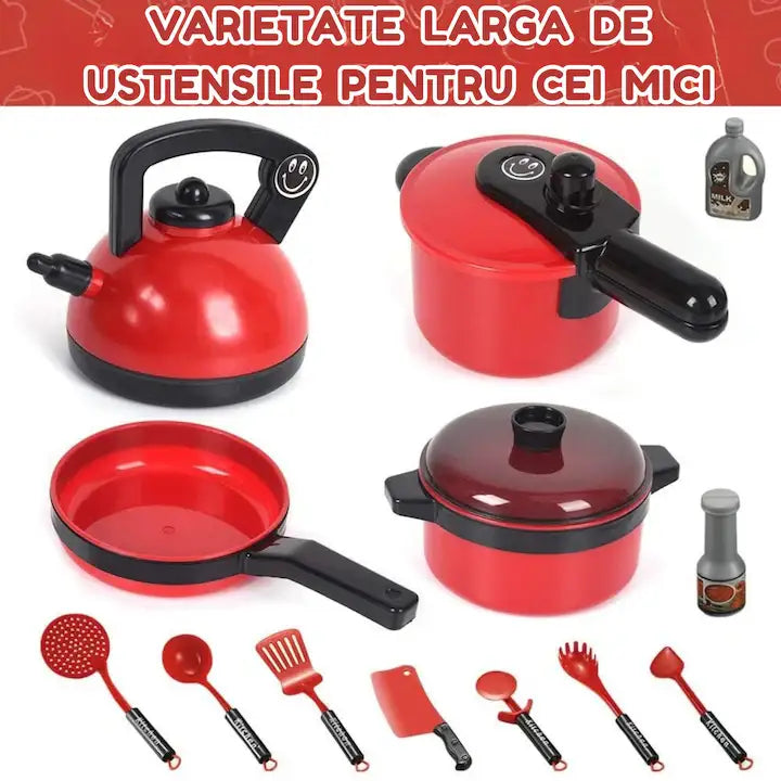 Infografic cu BBQ grill Woopie Happy Kitchen, alimente de jucărie și clește pentru grătar.
