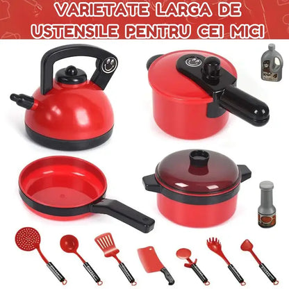 Infografic cu BBQ grill Woopie Happy Kitchen, alimente de jucărie și clește pentru grătar.