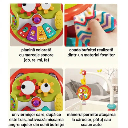 Infografic în română pentru bufnița interactivă cu pianină, coadă foșnitoare și agățătoare.