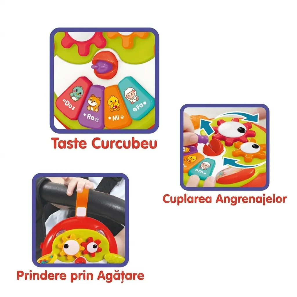 Infografic în română cu taste curcubeu, angrenaje și prindere prin agățătoare pentru bufnița interactivă.