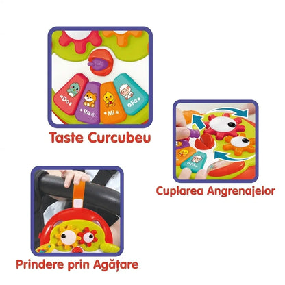 Infografic în română cu taste curcubeu, angrenaje și prindere prin agățătoare pentru bufnița interactivă.
