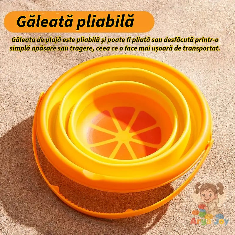 Infografic AryaJoy despre găleata pliabilă Woopie Tropical Fruits, care se poate plia și transporta mai ușor