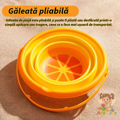 Infografic AryaJoy despre găleata pliabilă Woopie Tropical Fruits, care se poate plia și transporta mai ușor