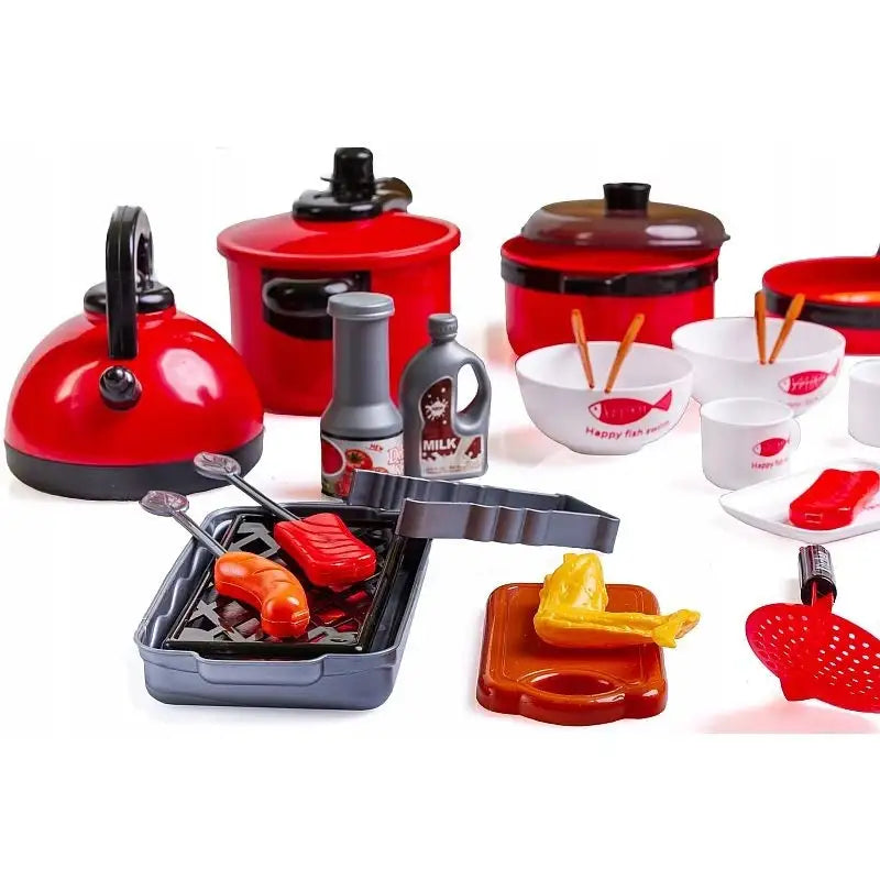Infografic în română pentru setul Woopie Happy Kitchen, cu mic dejun, prânz, cină și ustensile.