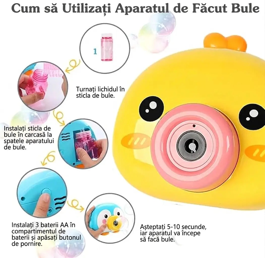 Instructiuni vizuale in romana pentru aparatul de facut bule Woopie Puisor, cu recipient pentru solutie si baterii AA.