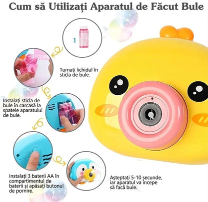 Instructiuni vizuale in romana pentru aparatul de facut bule Woopie Puisor, cu recipient pentru solutie si baterii AA.