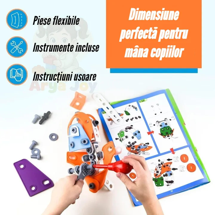 Set Woopie Build & Play cu instrucțiuni, unelte incluse și piese flexibile potrivite pentru mâna copiilor.