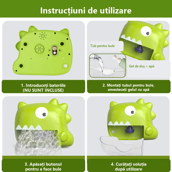 Instrucțiuni de utilizare pentru dinozaurul de baie Lean Toys, cu pașii pentru baterii, apă, gel și curățare.