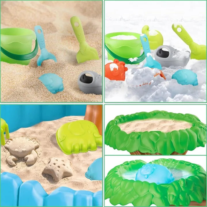 Colaj cu moduri de joacă la masa Woopie Big Tree Water Table: nisip, apă, forme, găletușă și accesorii.