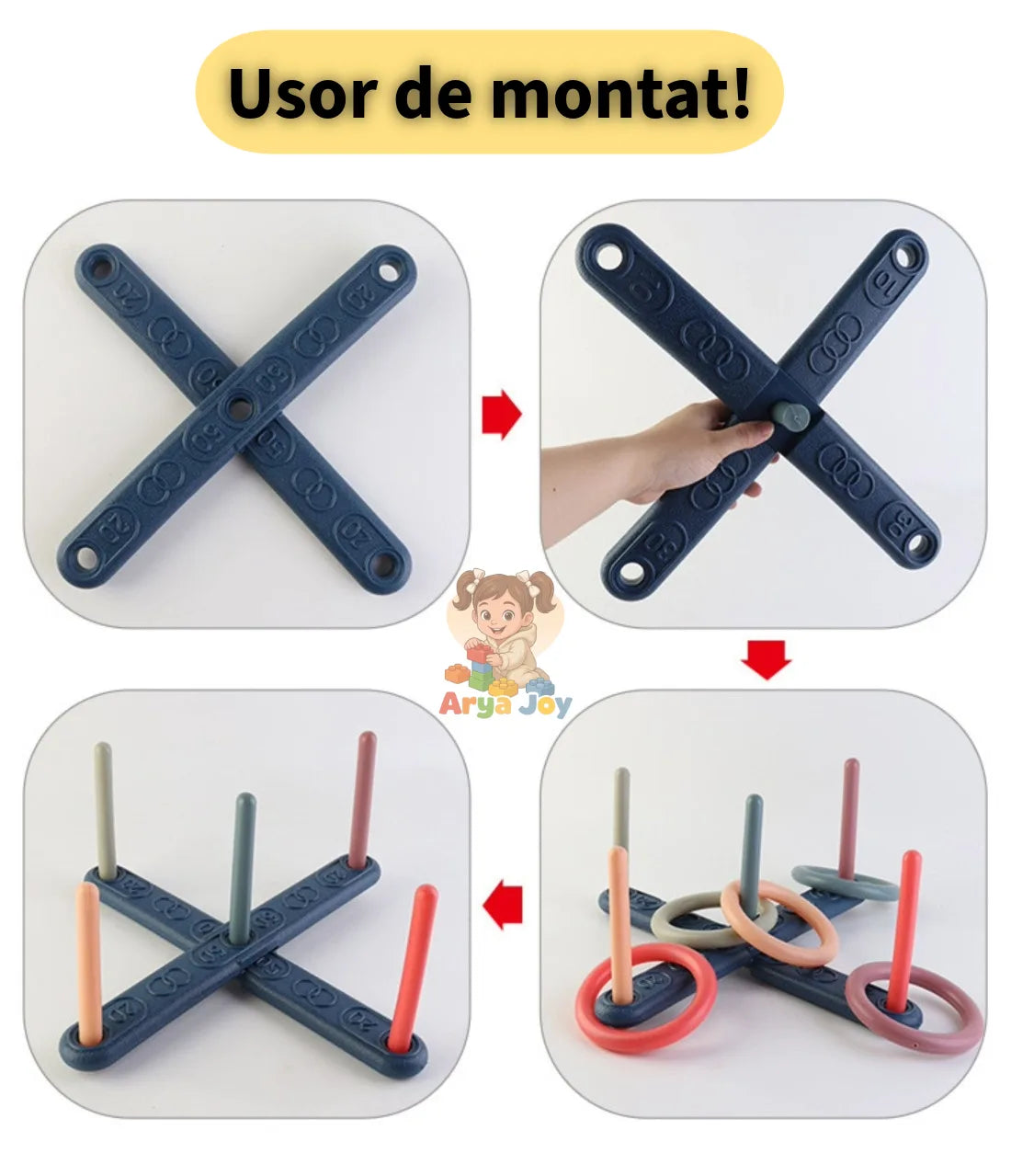 Joc Woopie asamblat, cu bețe verticale și cercuri colorate așezate pe ținte.