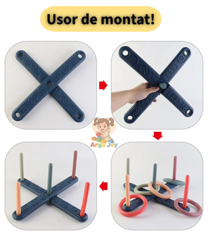 Joc Woopie asamblat, cu bețe verticale și cercuri colorate așezate pe ținte.