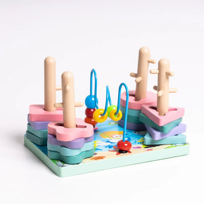 Prim-plan cu jocul educativ Lean Toys din lemn, forme pastel și mărgele colorate.