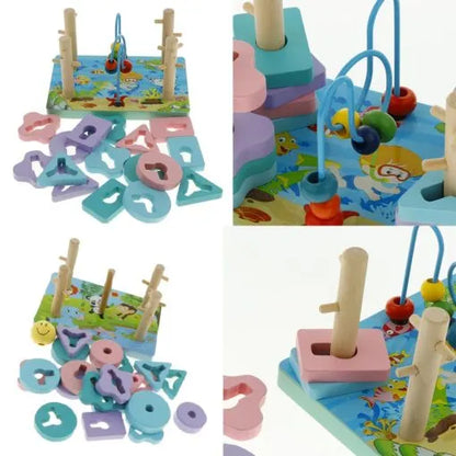 Colaj cu detalii ale jocului Lean Toys: piese de sortare, labirint cu mărgele și tije din lemn.