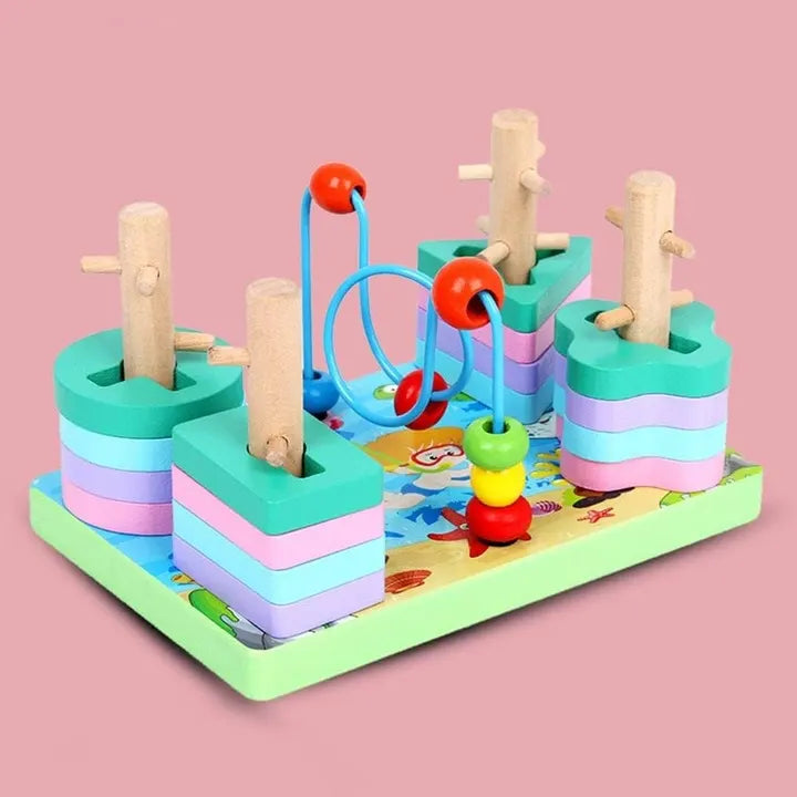 Joc Lean Toys de sortare și stivuire pe fundal roz, cu piese pastel și labirint cu mărgele.