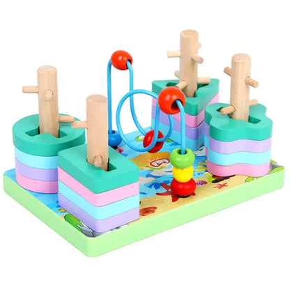 Sorter din lemn Lean Toys cu piese pastel, tije de potrivire și labirint central cu mărgele.