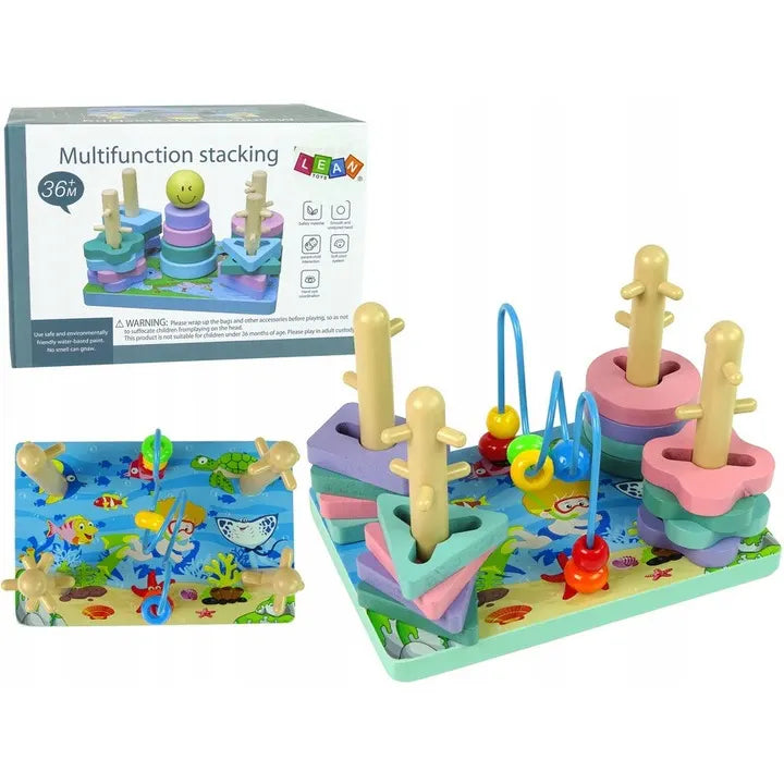 Set Lean Toys de sortare și stivuire, prezentat cu ambalajul și produsul complet.