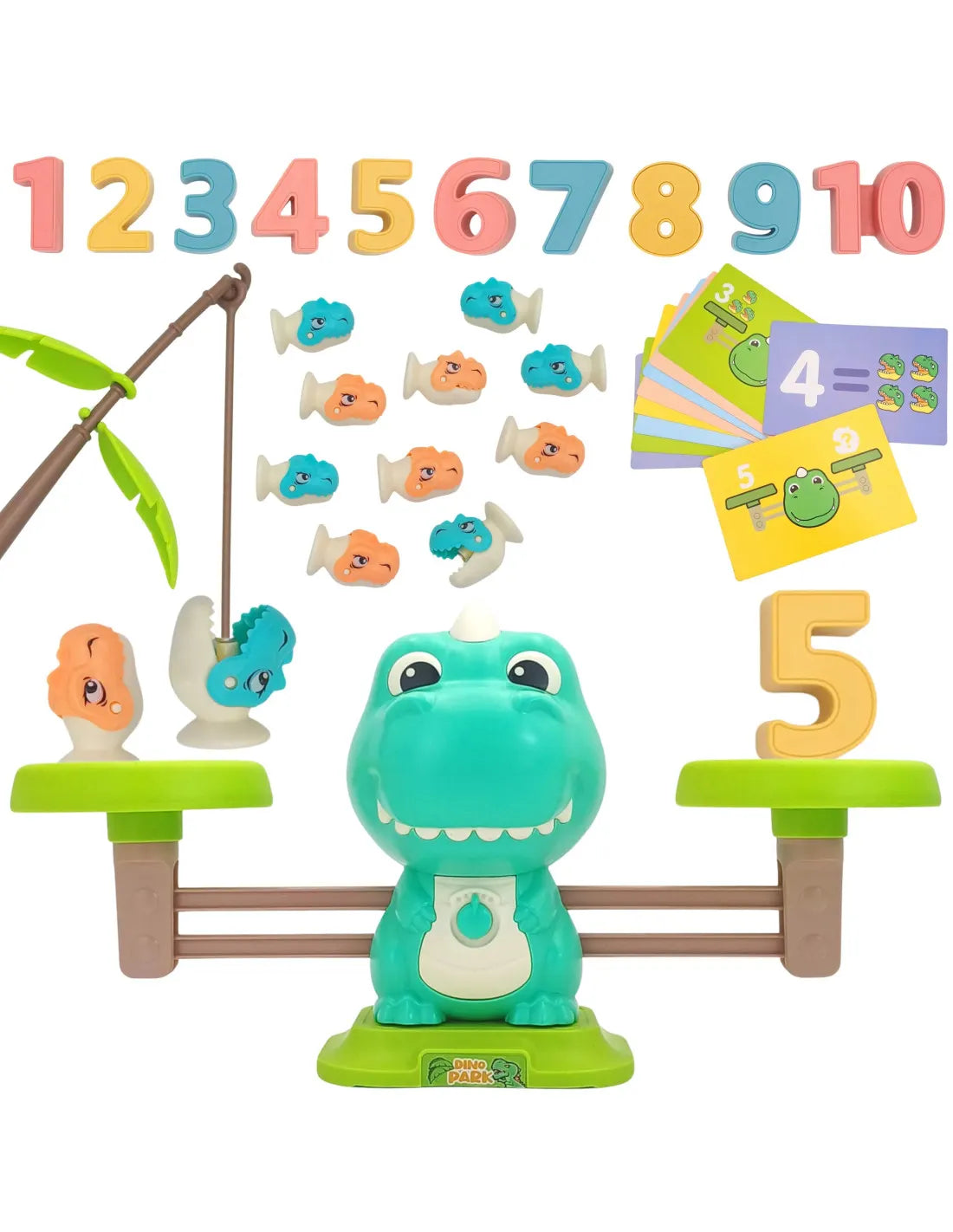 Joc educativ Woopie Balanță Dinozaur cu numere, undițe și figurine pentru pescuit.