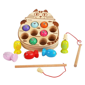 Set complet Lean Toys pentru pescuit magnetic, cu pisică din lemn, pești colorați și 2 undițe.