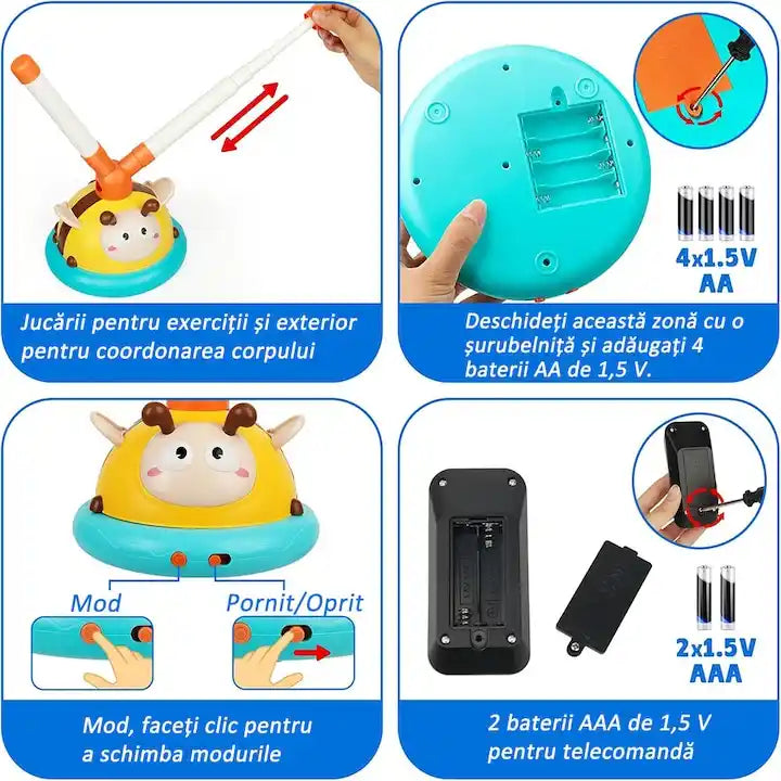 Instrucțiuni pentru jocul de mișcare Woopie Albinuță, cu moduri, baterii pentru bază și telecomandă.