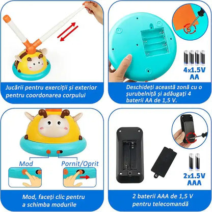 Instrucțiuni pentru jocul de mișcare Woopie Albinuță, cu moduri, baterii pentru bază și telecomandă.