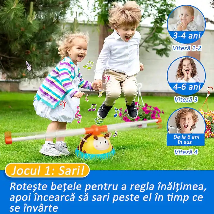 Jocul Sari cu Woopie Albinuță, pentru reglarea înălțimii și sărituri peste bara rotativă.