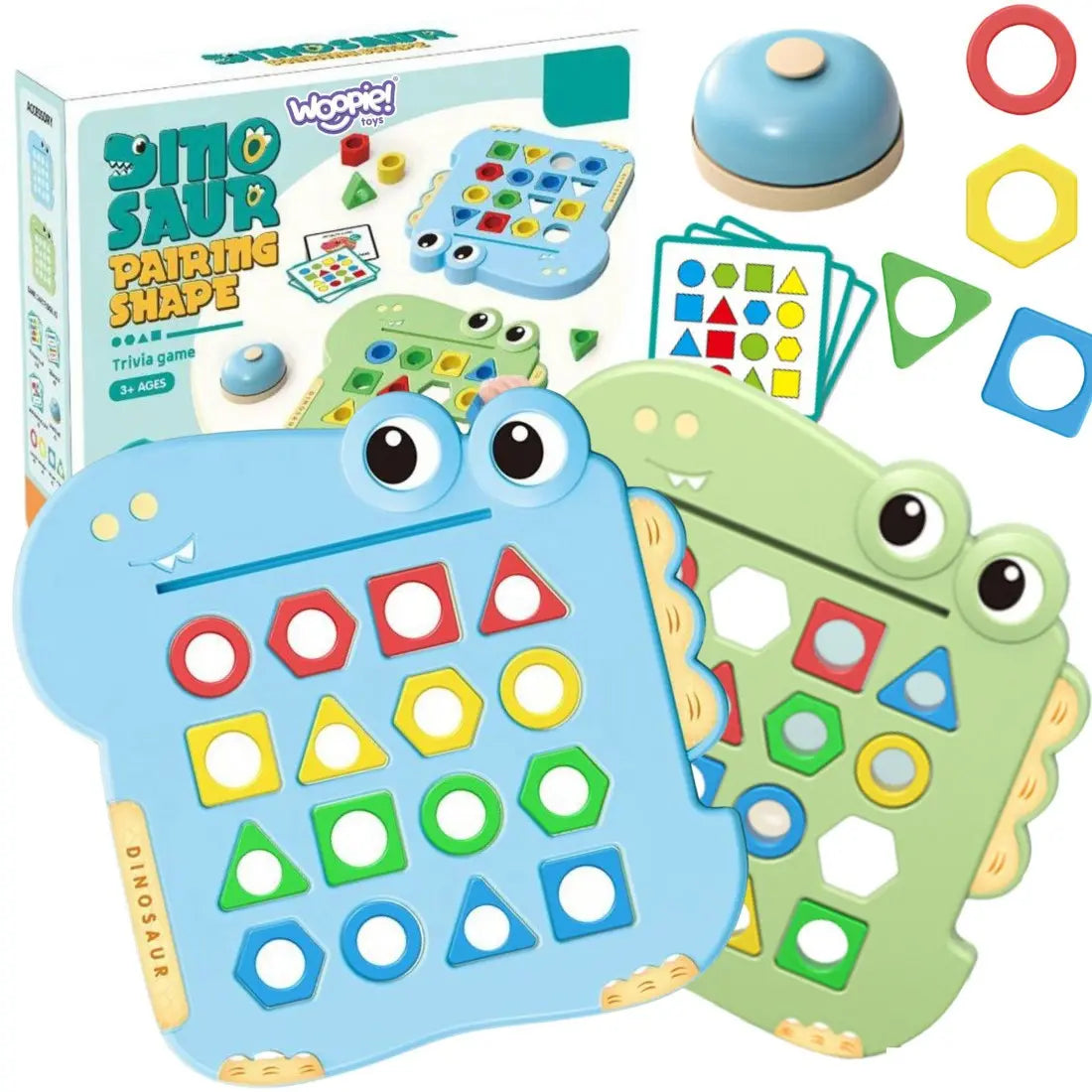 Set joc Montessori Dinozaur Woopie cu doua table, forme colorate, carduri, sonerie si ambalaj.