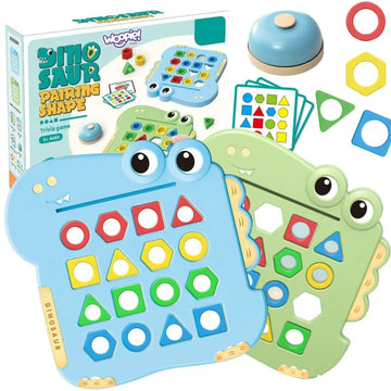Set joc Montessori Dinozaur Woopie cu doua table, forme colorate, carduri, sonerie si ambalaj.