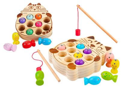 Set Lean Toys cu joc de pescuit din lemn în formă de pisică, pești colorați și 2 undițe magnetice.