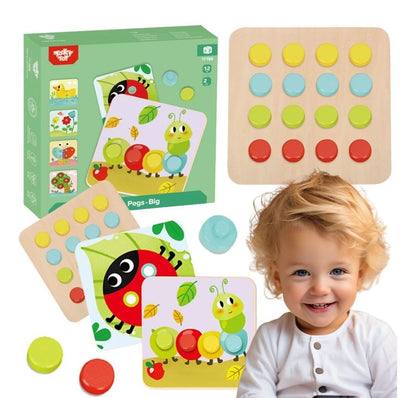 Joc de sortare culori Tooky Toy Pattern Pegs Big cu planșe cu animale, pini colorați și cutie.