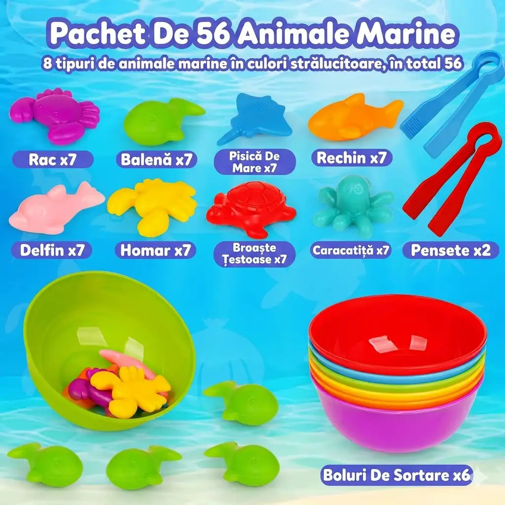 Infografic pentru jocul educativ Woopie cu 56 animale marine, 6 boluri și 2 pensete pentru sortare.