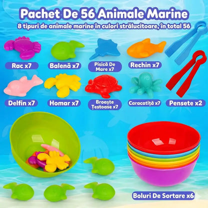 Infografic pentru jocul educativ Woopie cu 56 animale marine, 6 boluri și 2 pensete pentru sortare.